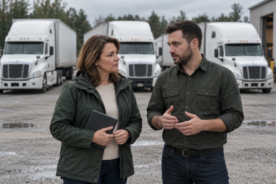 A fleet owner and colleague coordinating work in a truck yard