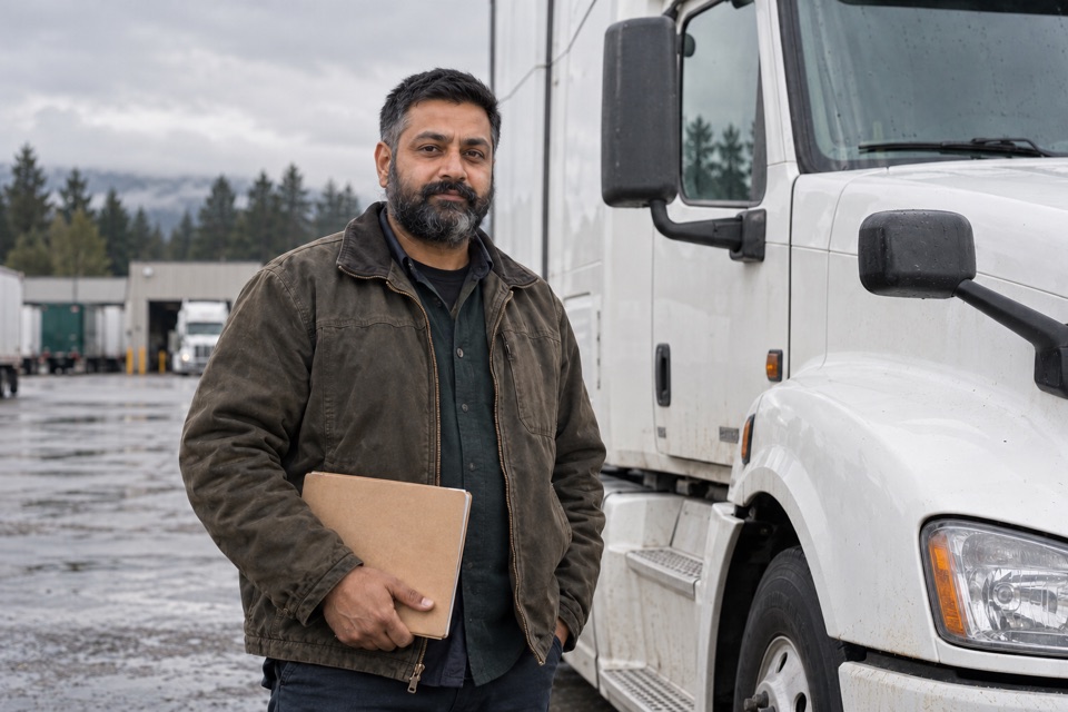 An owner-operator beside a working semi truck