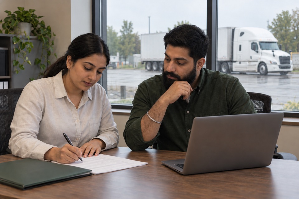 Two business founders planning together in a trucking office