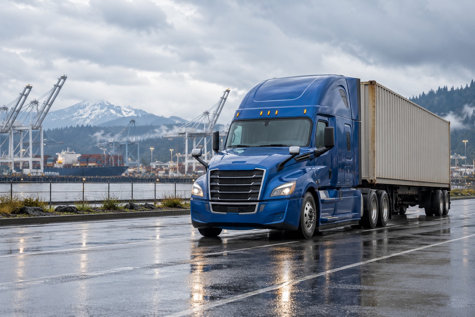 Blue container truck at a Northwest port